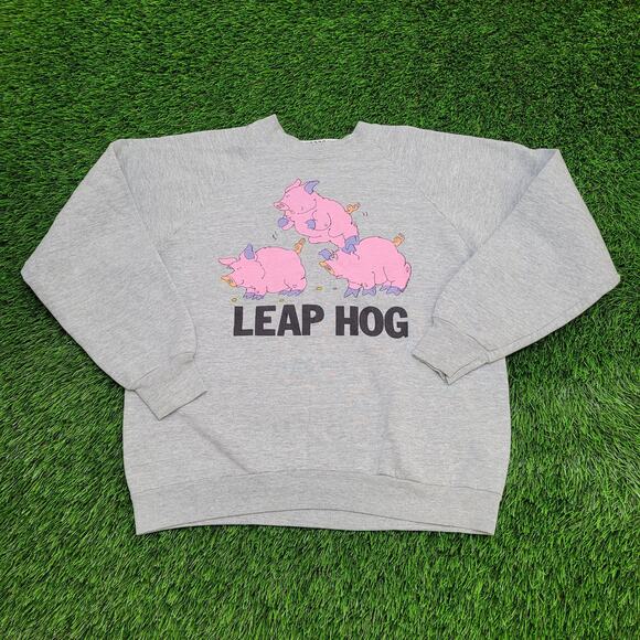 Vintage Funny Pig Sweatshirt Womens Large 21x22 Boxy Gray - Picture 1 of 12